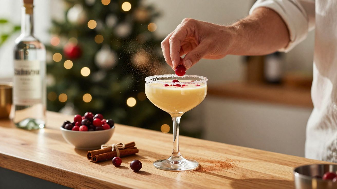 Mão decorando coquetel com cranberries e canela em copo com borda de açúcar, com árvore de Natal desfocada ao fundo.