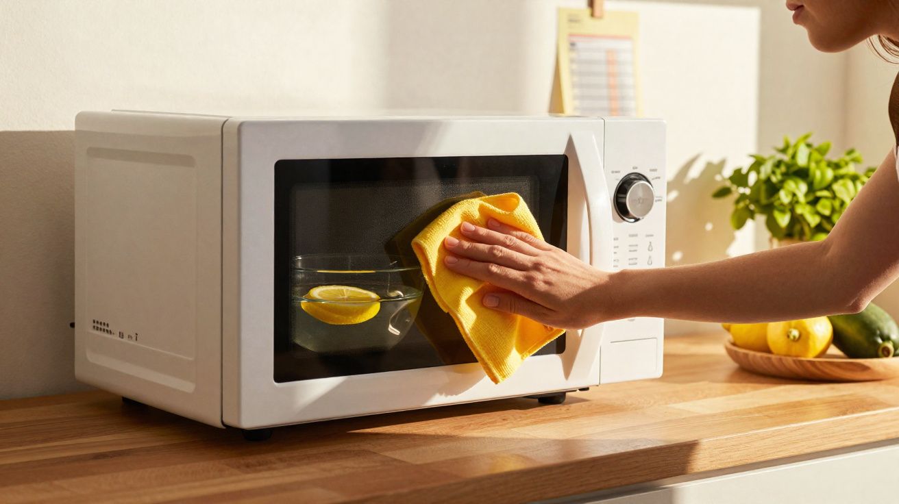 Pessoa limpando o vidro de um micro-ondas branco com pano amarelo em cozinha iluminada pelo sol.
