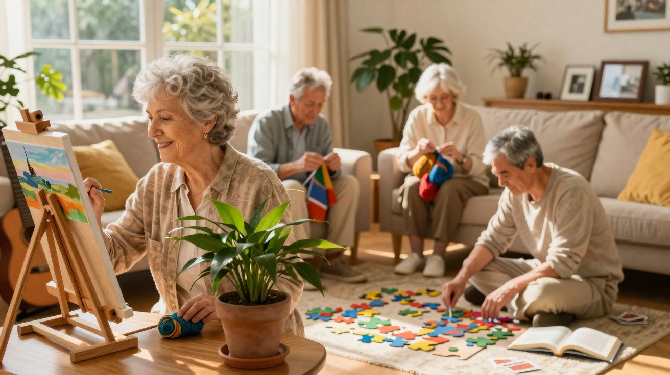 Grupo de idosos em sala iluminada, uma pinta, dois tricô e outro monta quebra-cabeça no tapete.