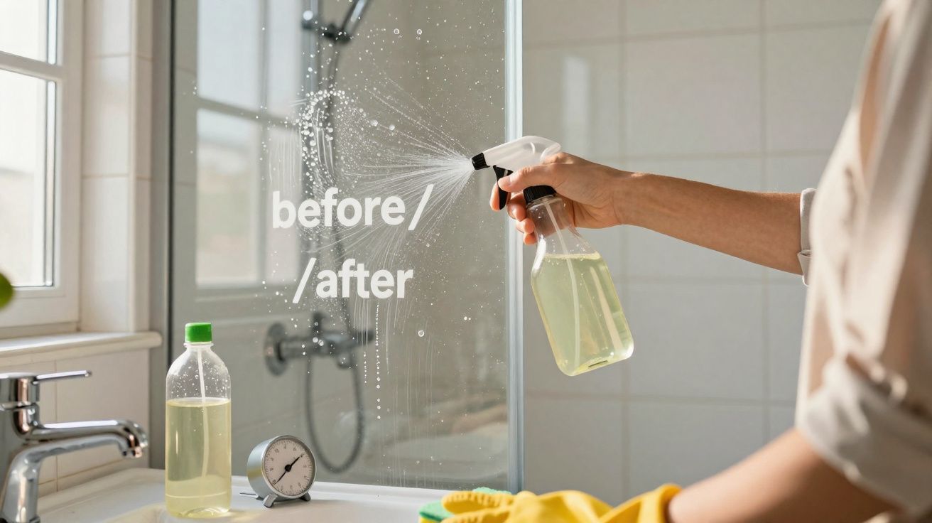 Pessoa limpando espelho do banheiro com spray, mostrando áreas antes e depois da limpeza.