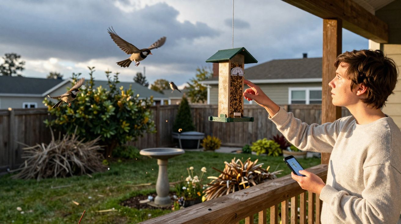 Pessoa alimentando pássaros em comedouro suspenso no jardim em dia nublado com celular na mão.