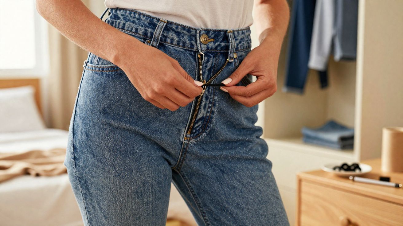 Pessoa vestindo calça jeans azul fechando o zíper em ambiente interno com móveis ao fundo.