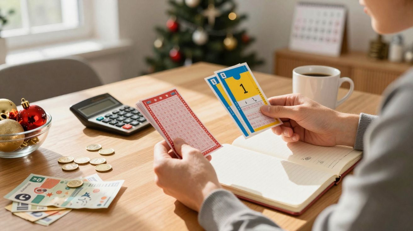 Pessoa segurando bilhetes de loteria sentada à mesa com moedas, cédulas, calculadora e árvore de Natal ao fundo.