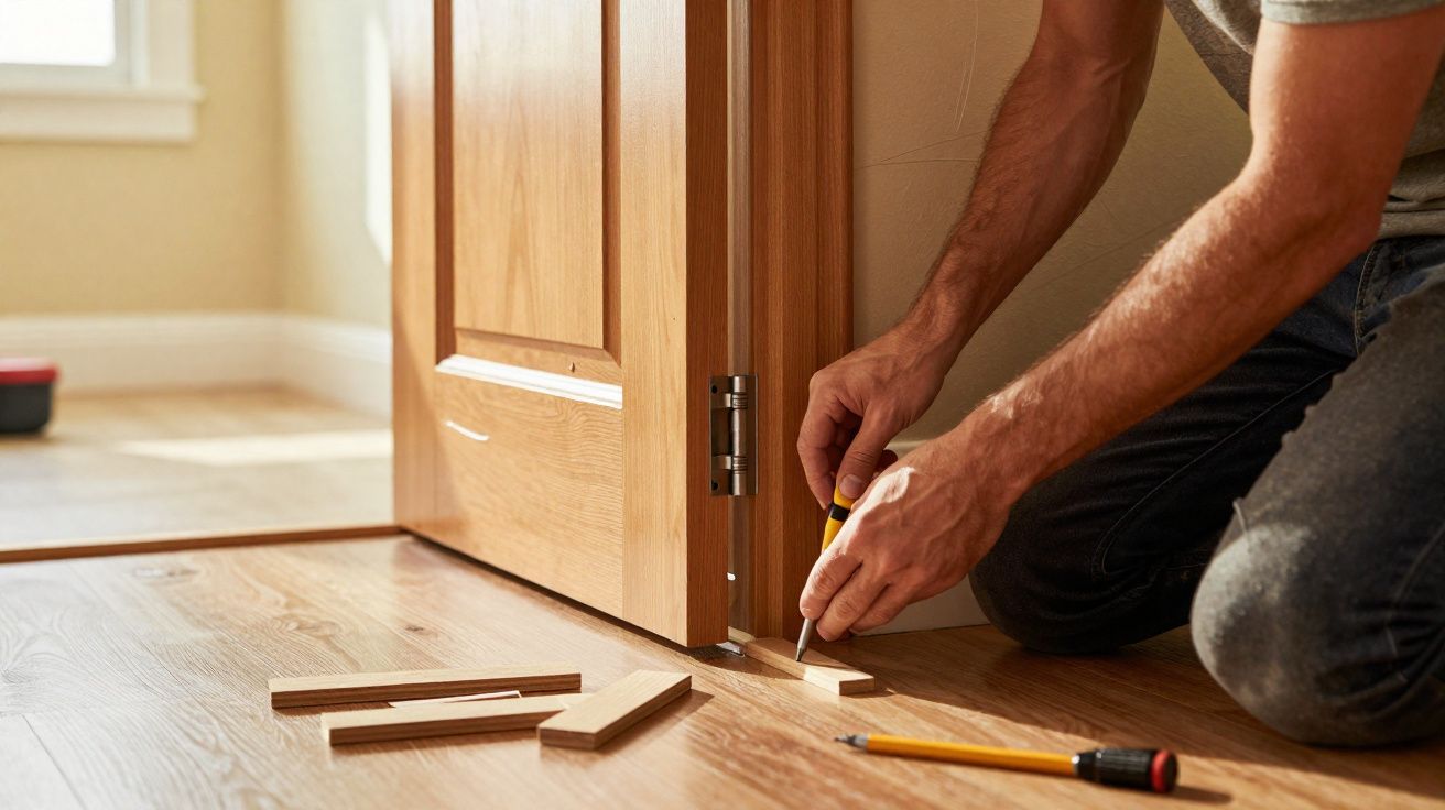 Pessoa reparando ou instalando porta de madeira com ferramentas em piso de madeira.