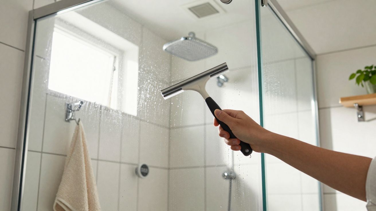 Mão usando limpador de vidros para remover água de porta de vidro transparente no banheiro.