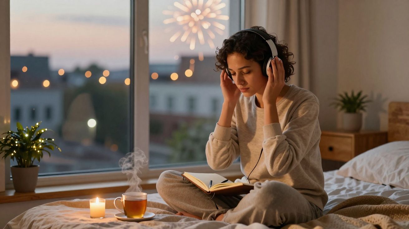Mulher sentada na cama com fones, lendo livro, perto de vela e chá, com fogos à distância, ao entardecer.