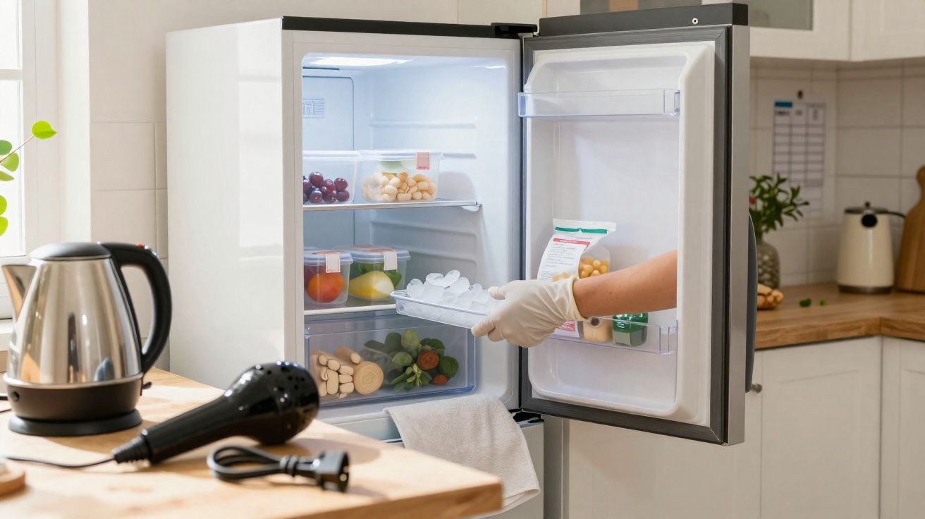 Pessoa com luva colocando bandeja de gelo em geladeira na cozinha moderna branca.