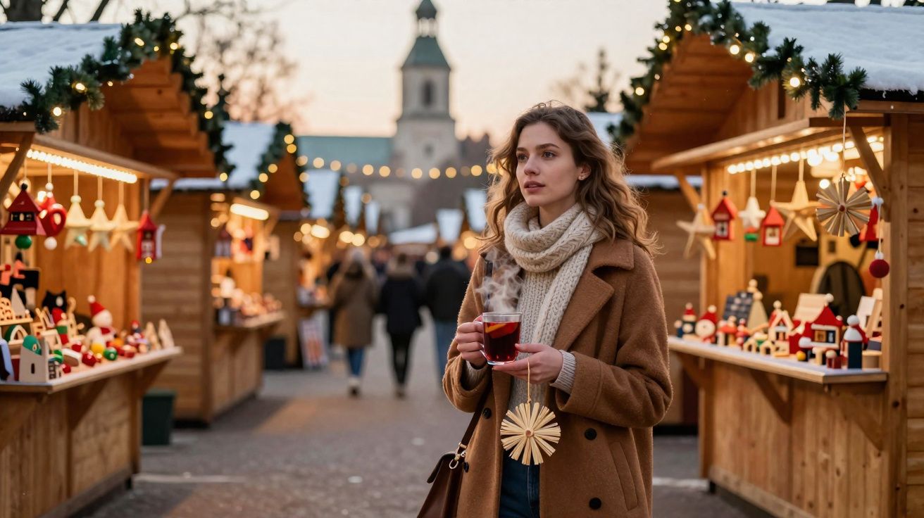 Mulher com casaco e cachecol segurando bebida quente em mercado de Natal com barracas de madeira decoradas.
