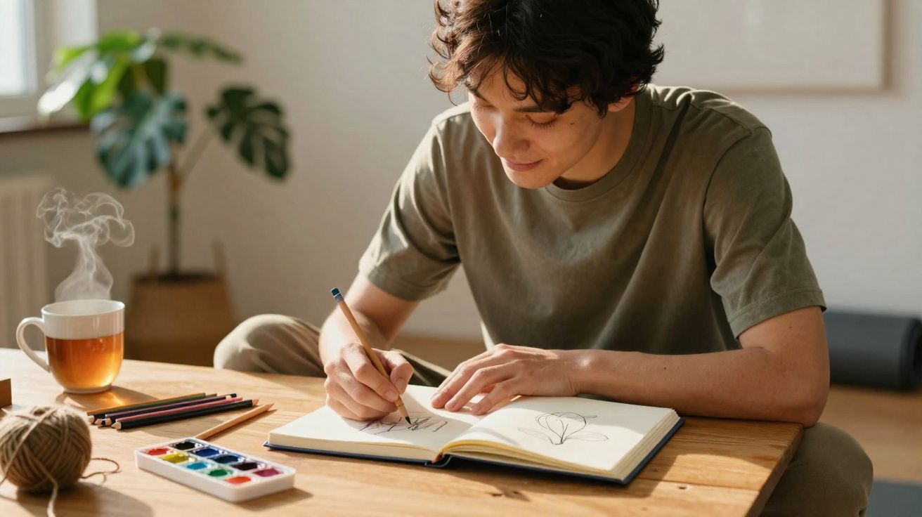Pessoa jovem desenhando em um caderno enquanto toma chá quente em uma mesa de madeira.