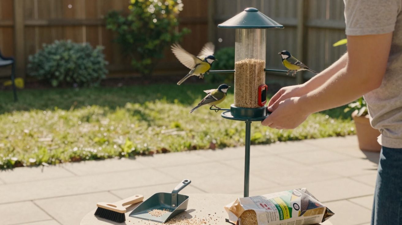 Pessoa ajusta comedouro de pássaros no jardim, com três pássaros pousados e sementes espalhadas na mesa.