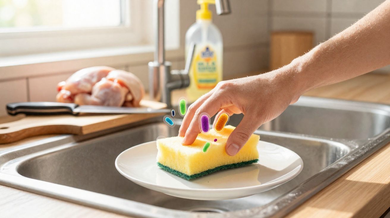 Mão tocando esponja amarela na pia com imagens ilustrativas de bactérias coloridas na esponja.