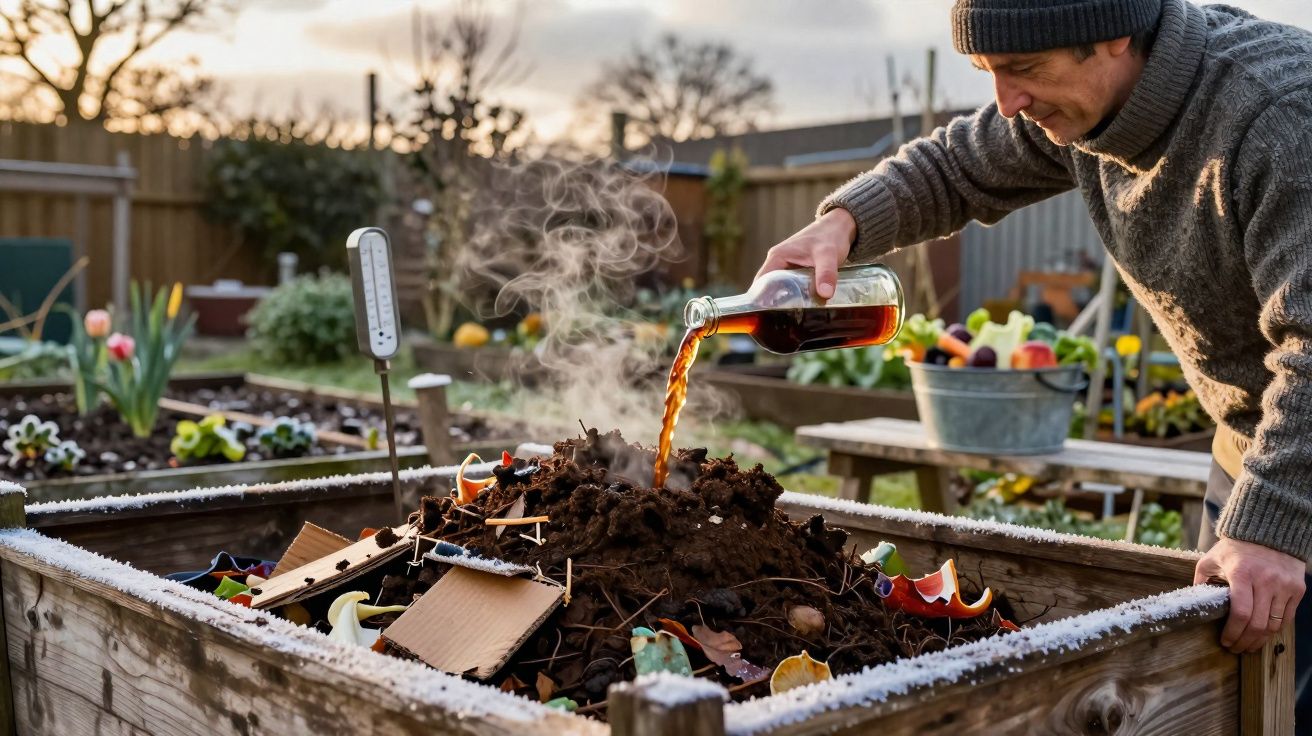 Homem regando compostagem em caixa de madeira em jardim ao entardecer.
