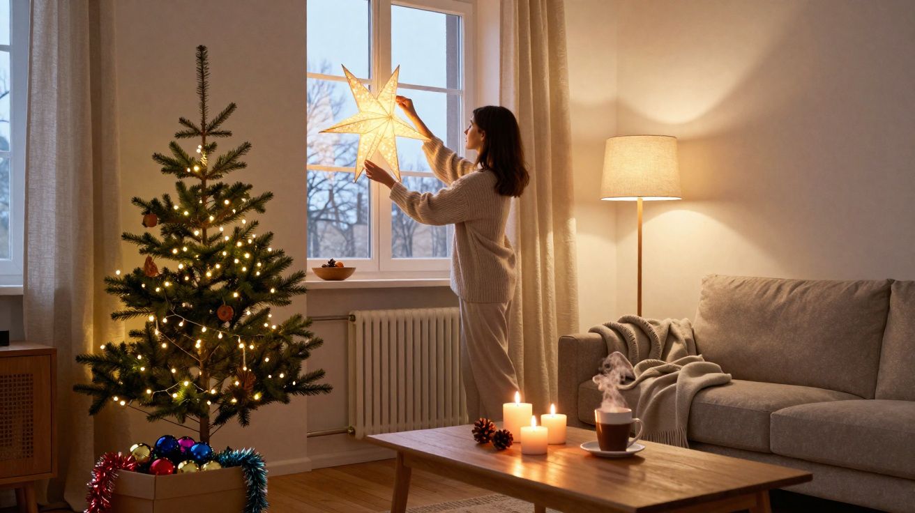 Mulher decorando árvore de Natal com estrela iluminada em sala aconchegante com velas e sofá.