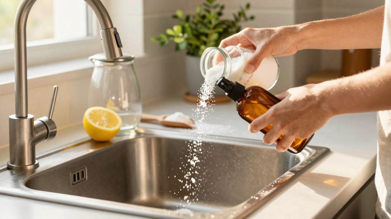 Mãos despejando bicarbonato de sódio em frasco de vidro sobre pia de cozinha com limão cortado ao fundo.