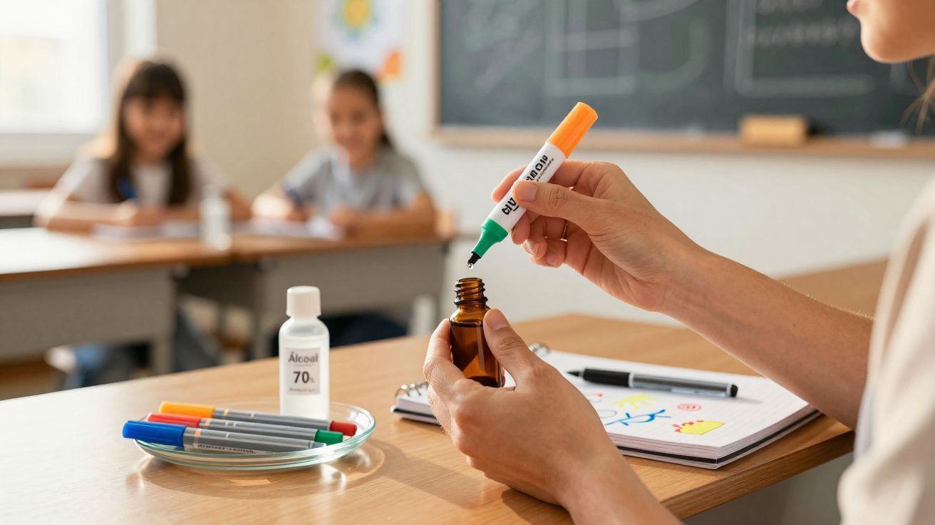 Pessoa colocando marcador colorido em frasco pequeno em sala de aula, com crianças ao fundo.
