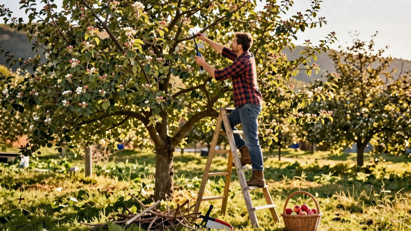 Homem em escada podando árvore em pomar com cesta de maçãs ao lado sob luz do sol.
