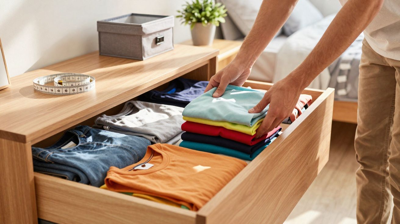 Pessoa organizando camisetas coloridas dobradas em uma gaveta de cômoda de madeira.