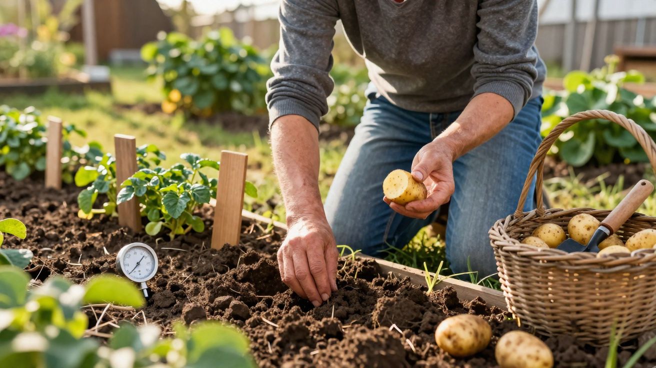 Pessoa plantando batatas em canteiro de terra em horta com cesta de batatas ao lado.