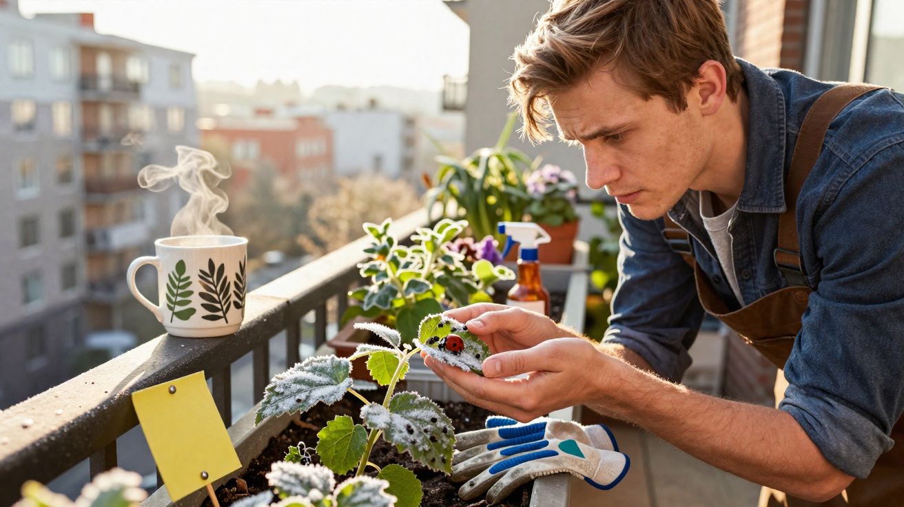 Homem cuidando de plantas em varanda, observando uma joaninha sobre uma folha verde.