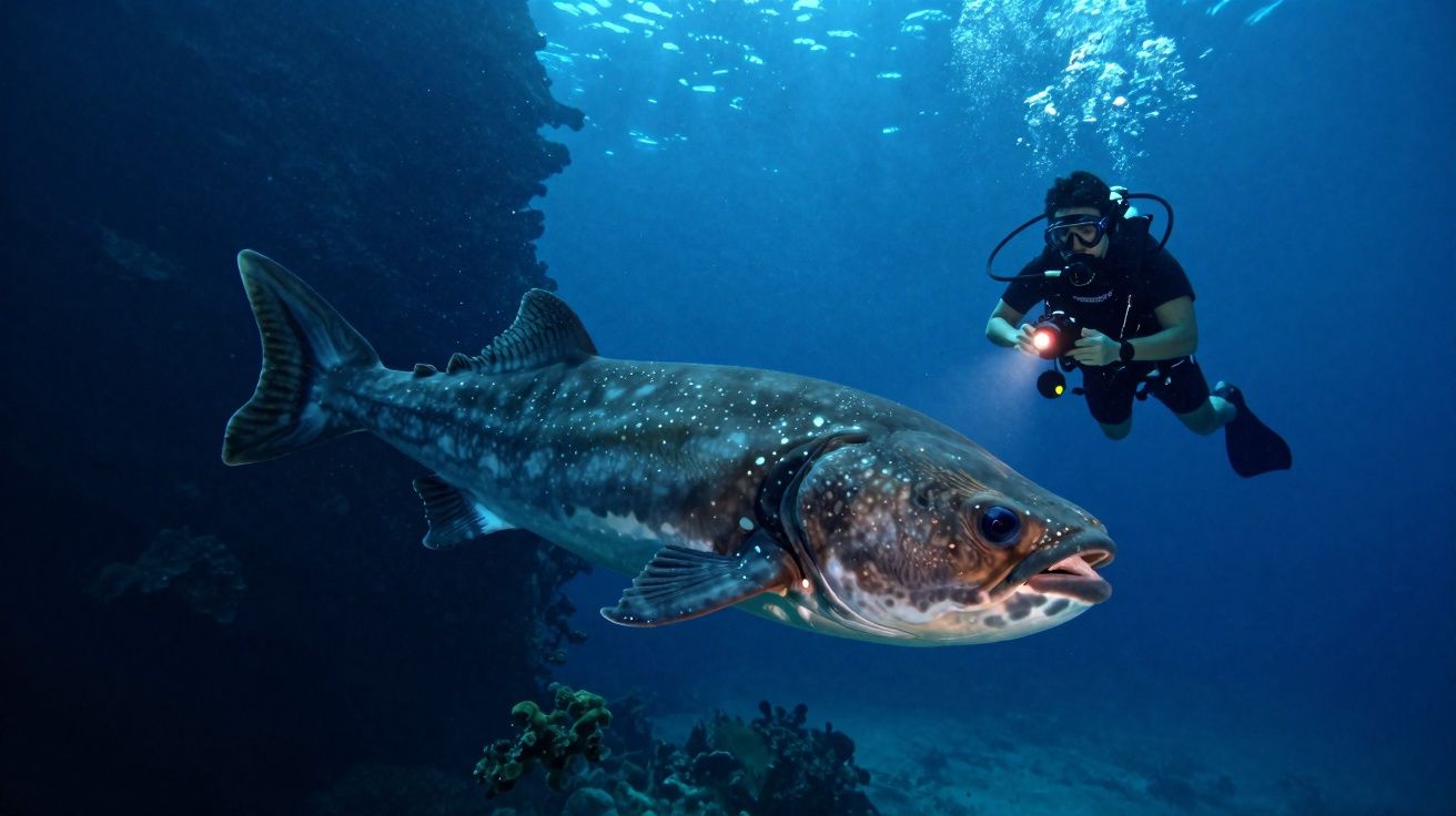 Mergulhador com lanterna próximo a peixe grande nadando em águas profundas e claras.
