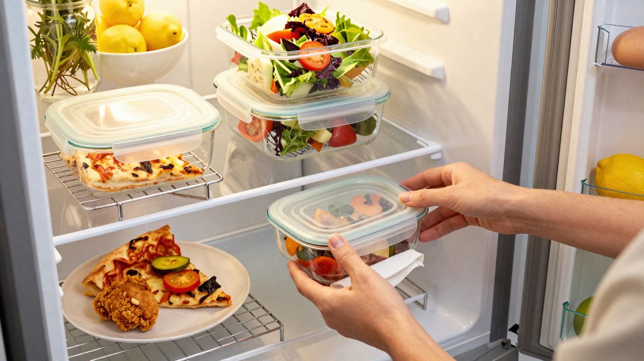 Mão guardando salada em pote plástico dentro da geladeira com pizza, limões e ervas.