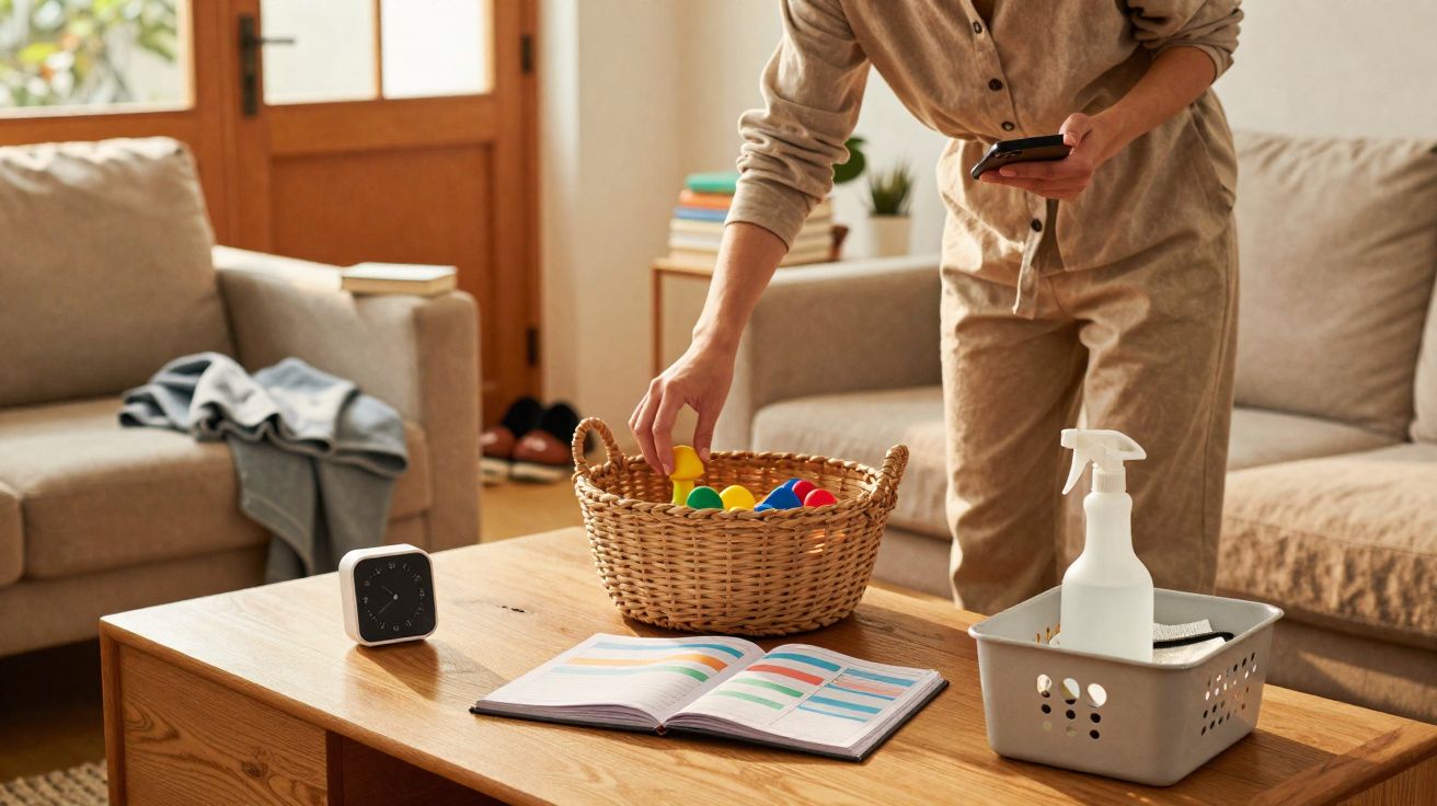 Pessoa organizando brinquedos coloridos em cesta, com agenda, spray de limpeza e relógio em mesa de madeira na sala.