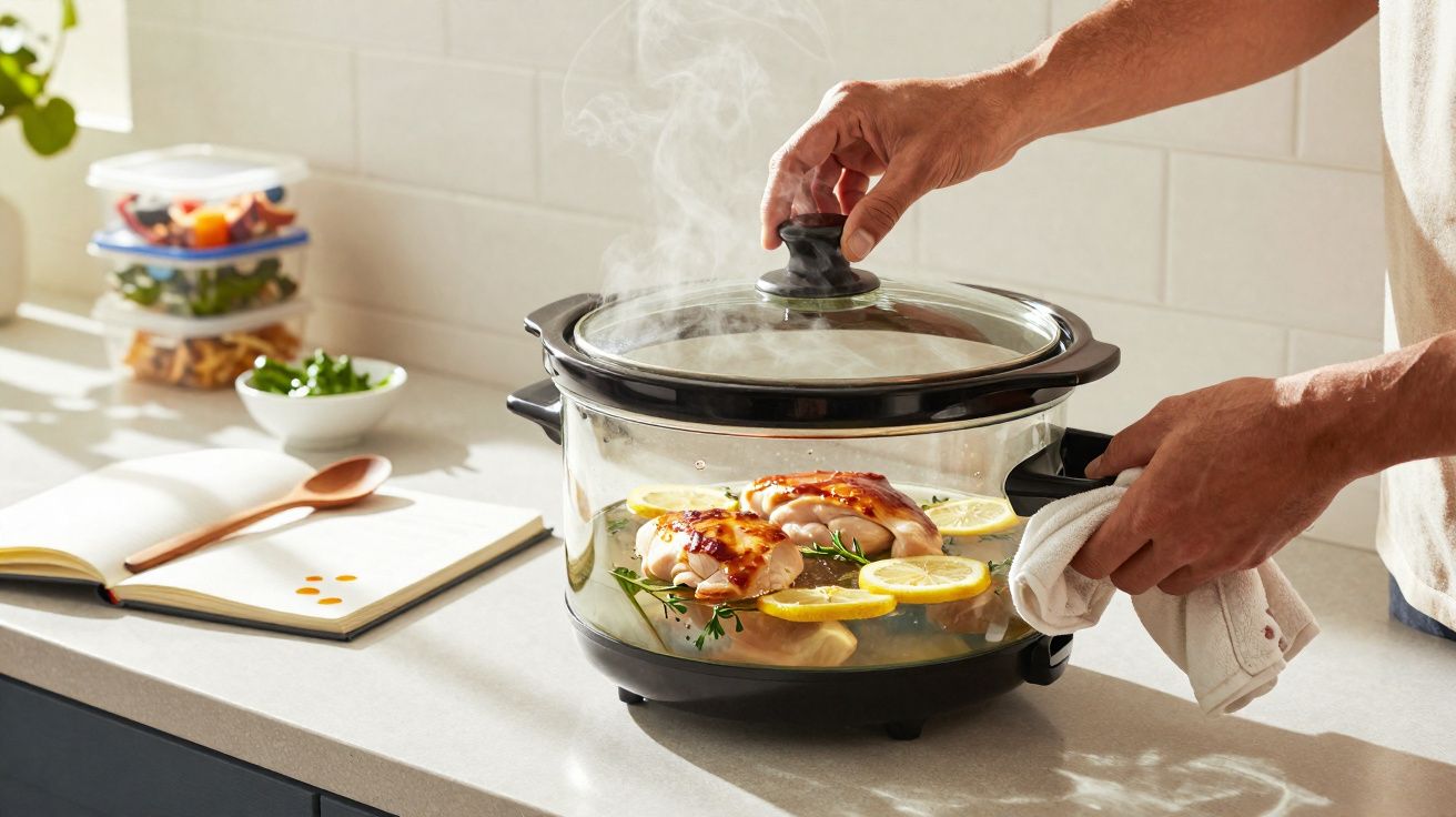 Mãos segurando tampa de panela elétrica com frango e rodelas de limão cozinhando no vapor na cozinha.