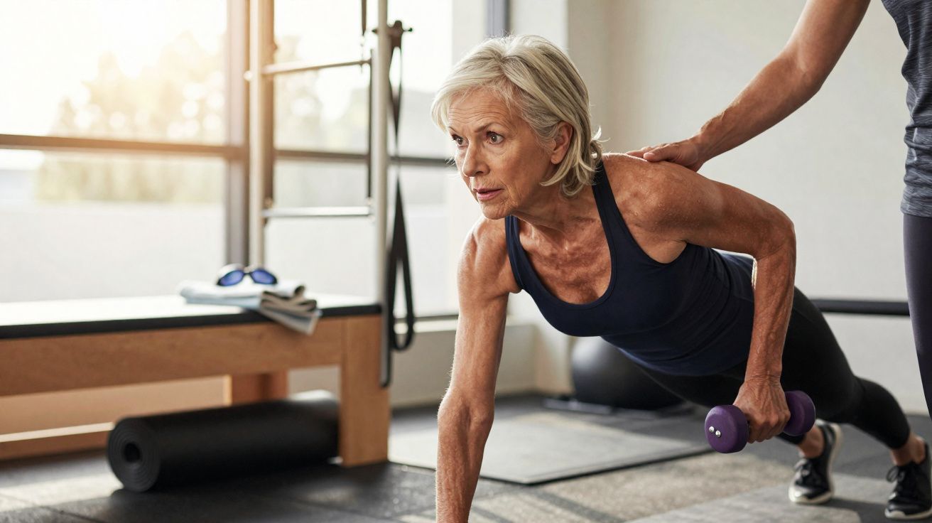 Mulher idosa fazendo exercício com halteres em estúdio de pilates, auxiliada por instrutor.