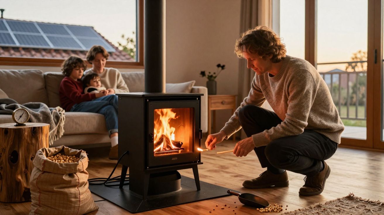 Homem acendendo fogo em lareira moderna com família sentada no sofá ao fundo em sala aconchegante.