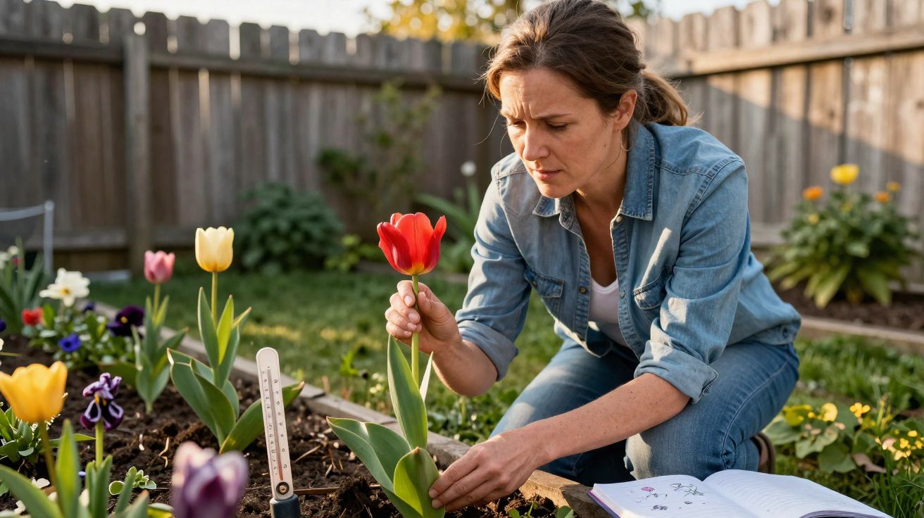 Mulher cuidando de tulipas coloridas em jardim com caderno aberto e cerca de madeira ao fundo.