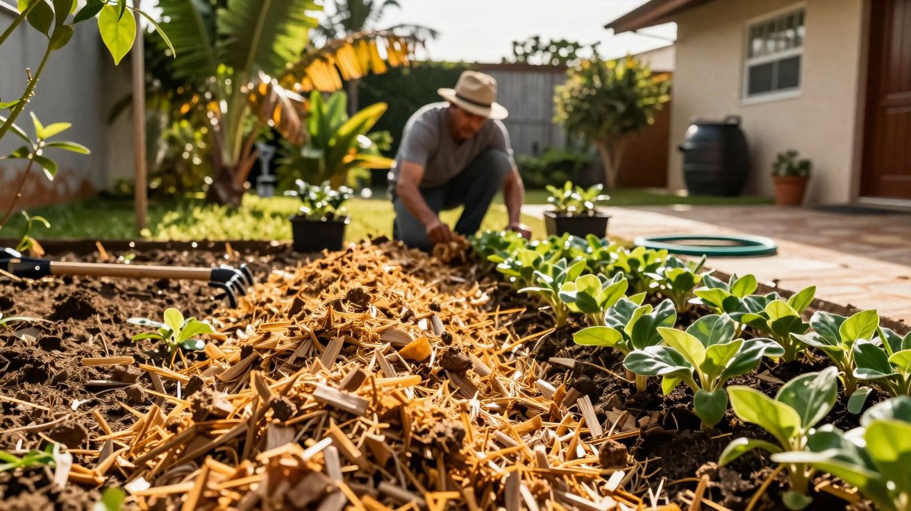 Homem cuidando de plantas e preparando o solo em jardim com cobertura morta em área residencial.