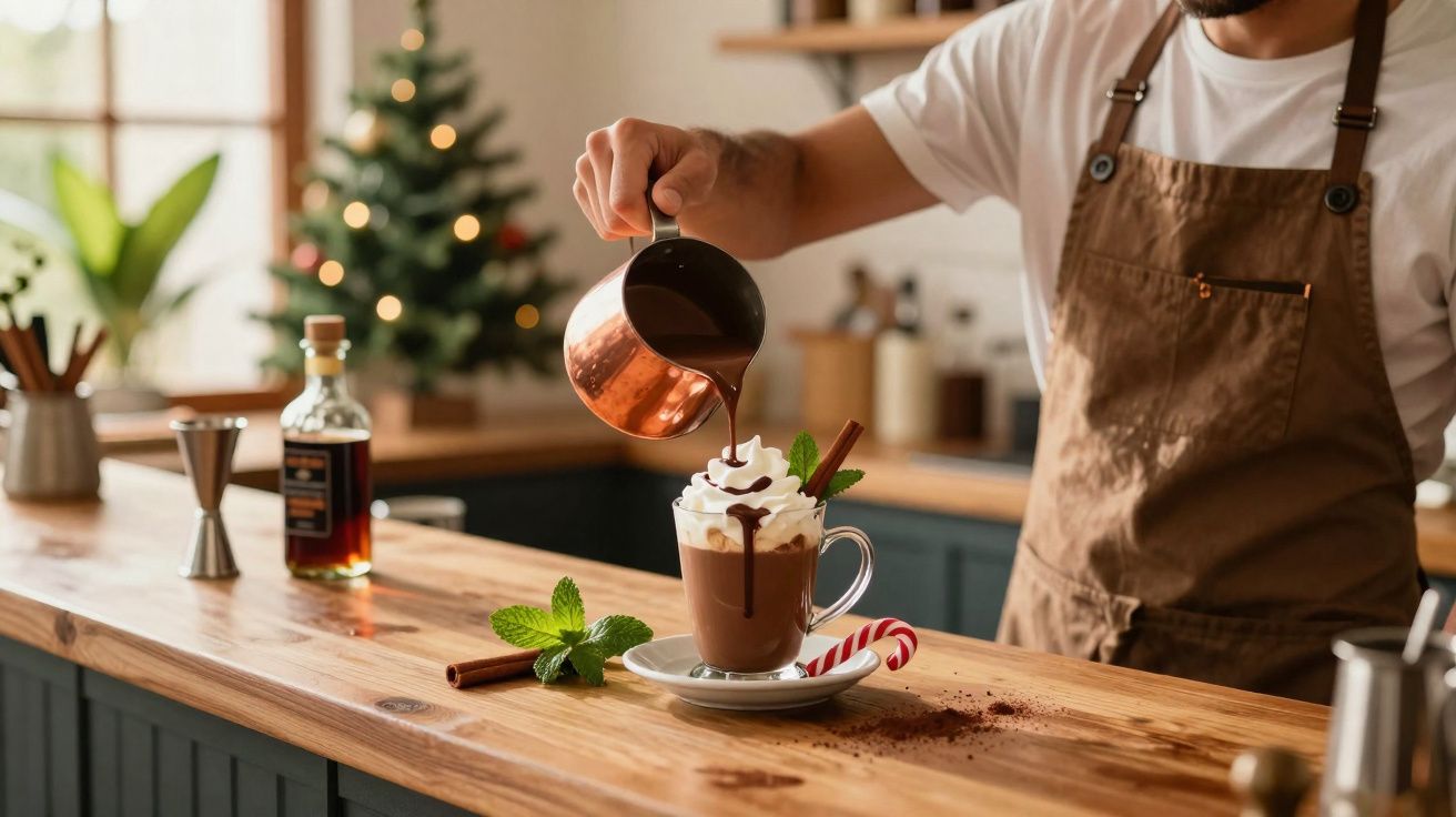 Pessoa derramando calda de chocolate em bebida decorada com chantilly, canela e hortelã em copo com bastão de doce.
