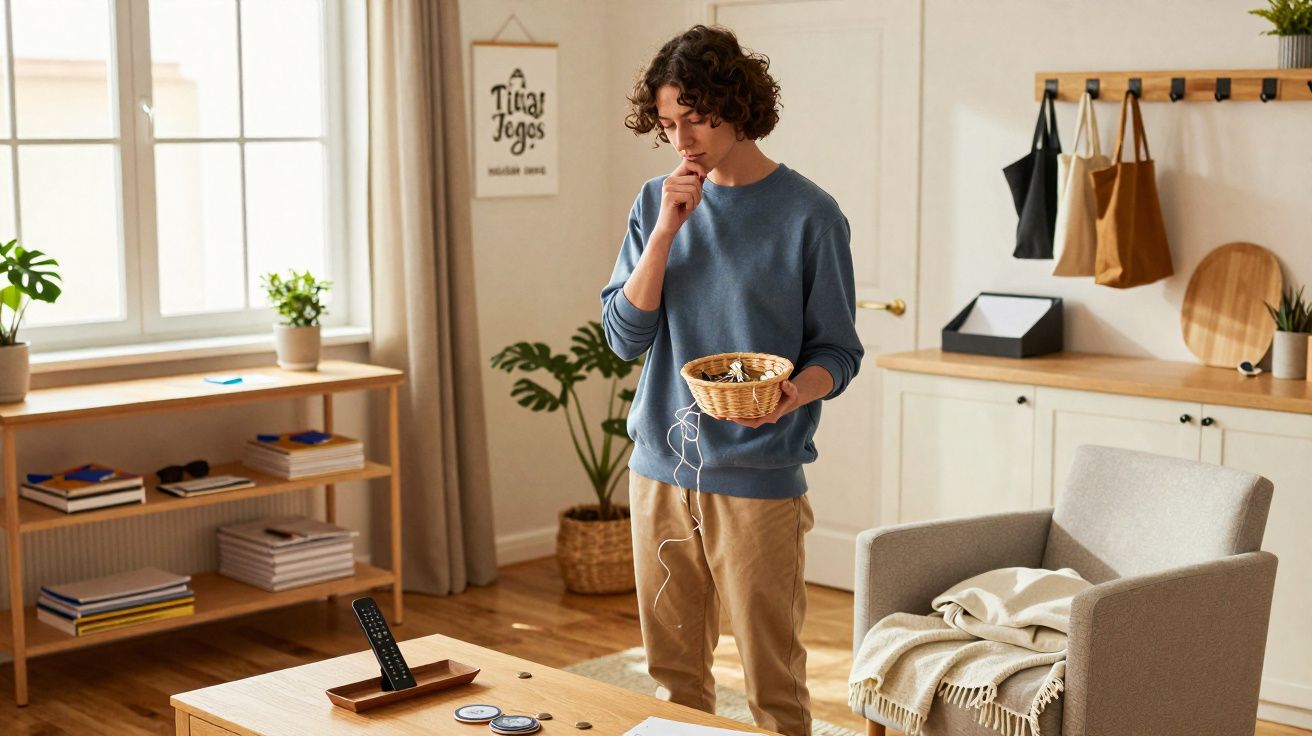 Jovem pensa segurando cesta com fones, em sala com móveis claros e decoração minimalista.