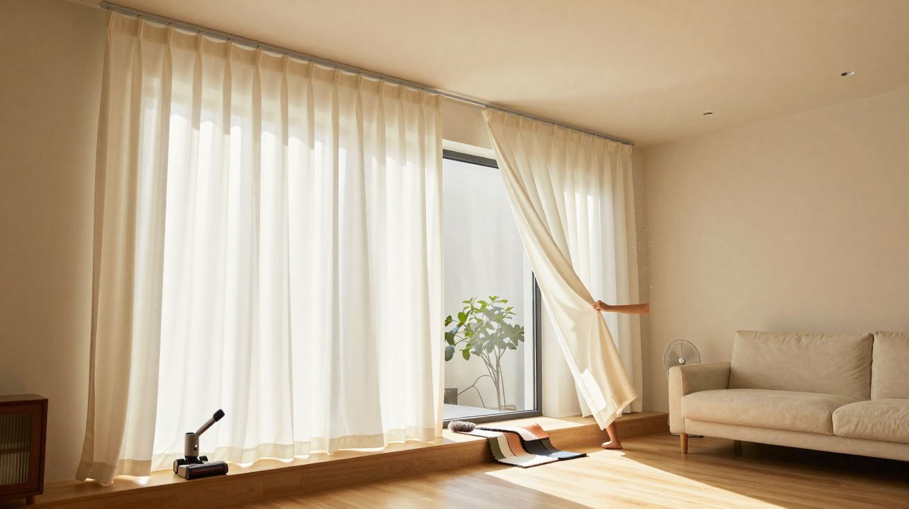 Sala iluminada com sofá bege, cortinas brancas transparentes e pessoa abrindo a cortina para varanda.