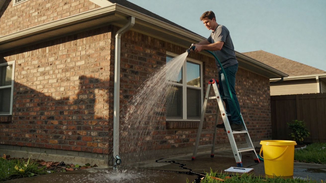 Homem em escada lavando calha da casa com mangueira e balde amarelo no jardim.