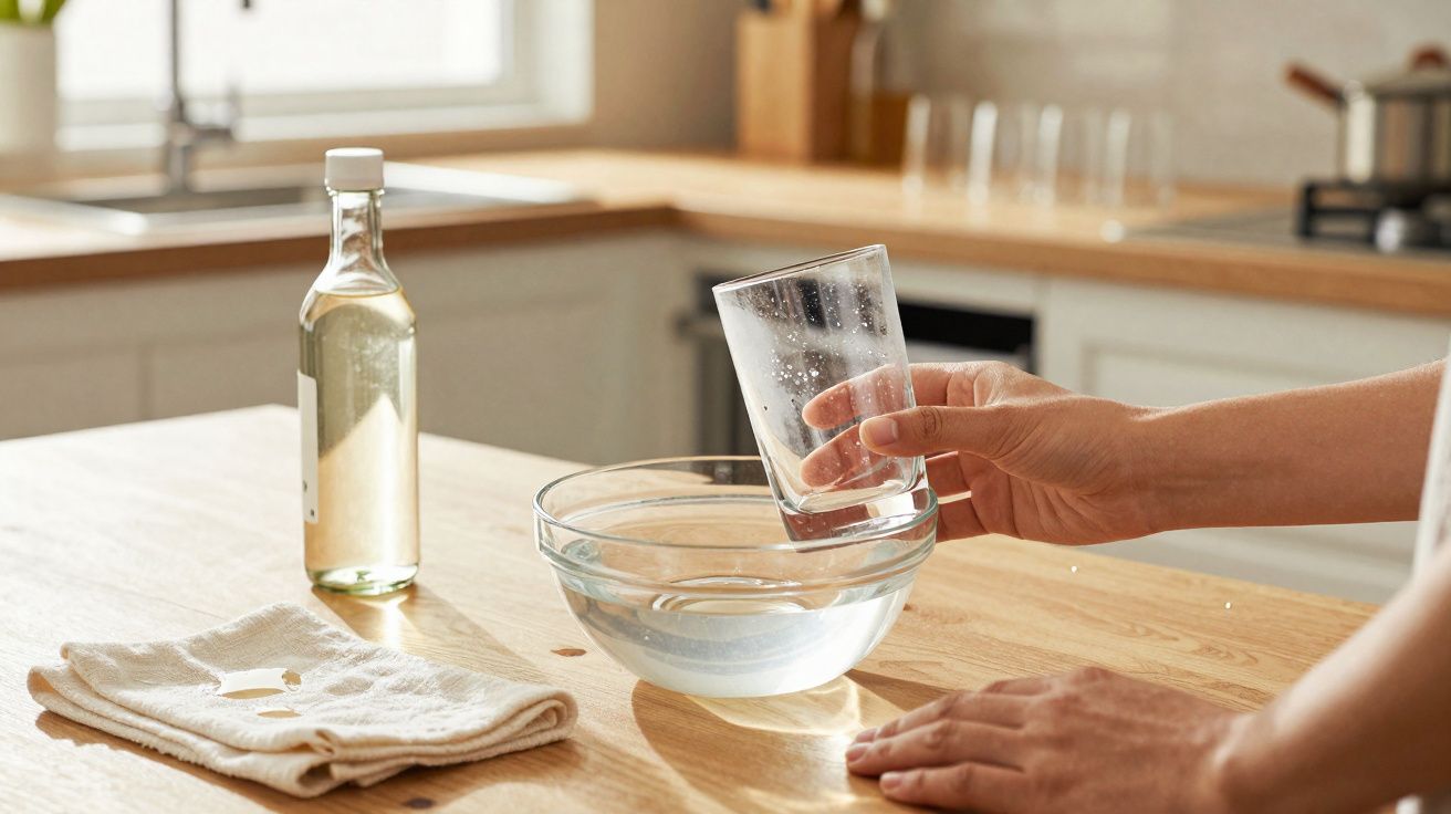 Pessoa segurando copo molhado sobre bancada de cozinha com tigela, garrafa e pano.