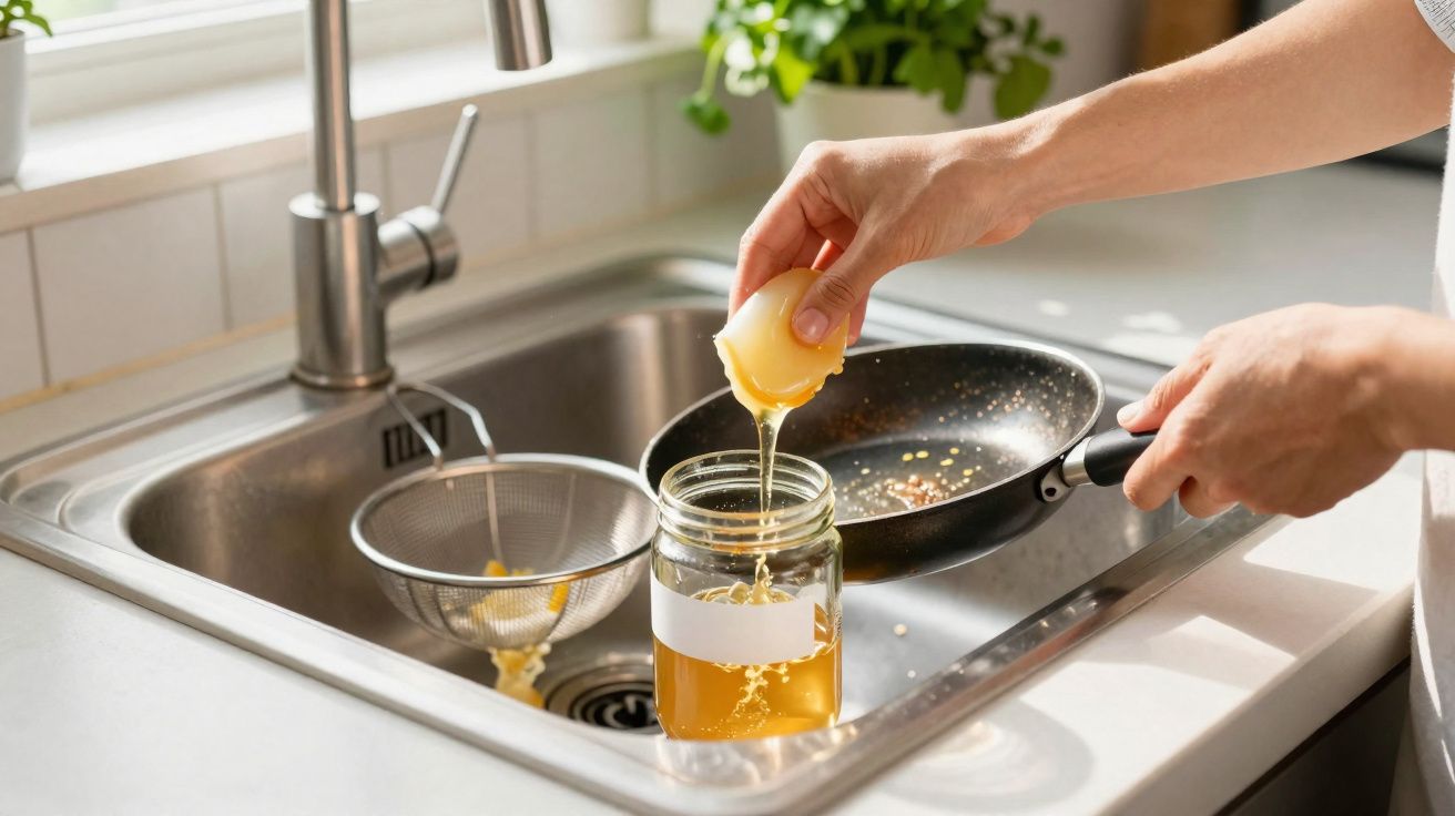 Pessoa espremendo alho em pote de vidro na pia da cozinha com frigideira e peneira.