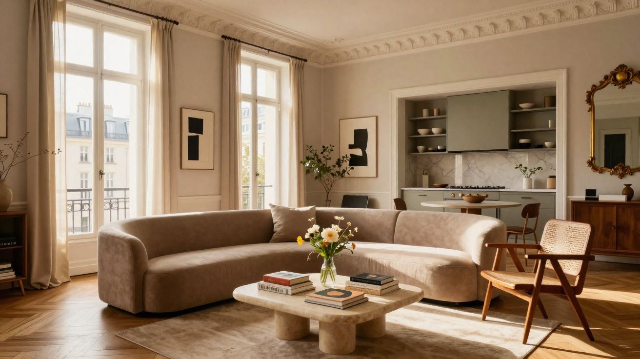 Sala de estar clara com sofá curvo bege, mesa baixa com livros e jarra de flores, cadeira de madeira e cozinha ao fundo.