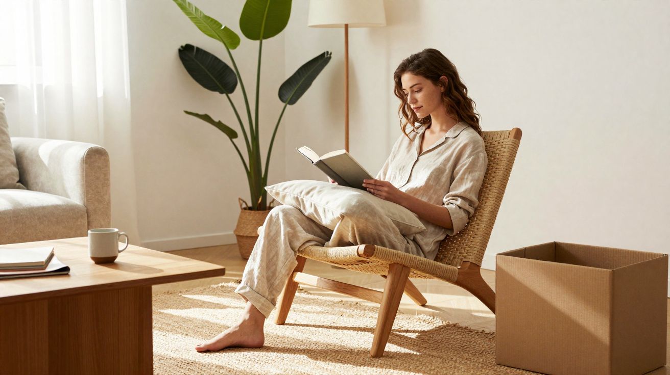 Mulher sentada em cadeira de madeira lendo livro em sala iluminada, com planta e caixa de papelão ao lado.