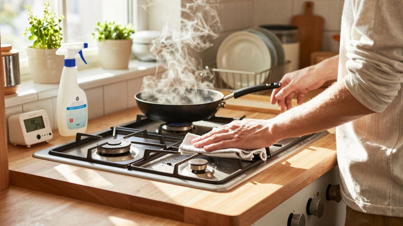 Pessoa limpando fogão a gás enquanto cozinha com frigideira fumegante em cozinha iluminada.