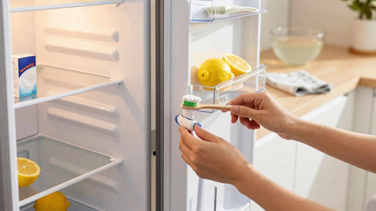 Mãos seguram escova de dente sobre escova elétrica dentro da porta da geladeira aberta com limões.