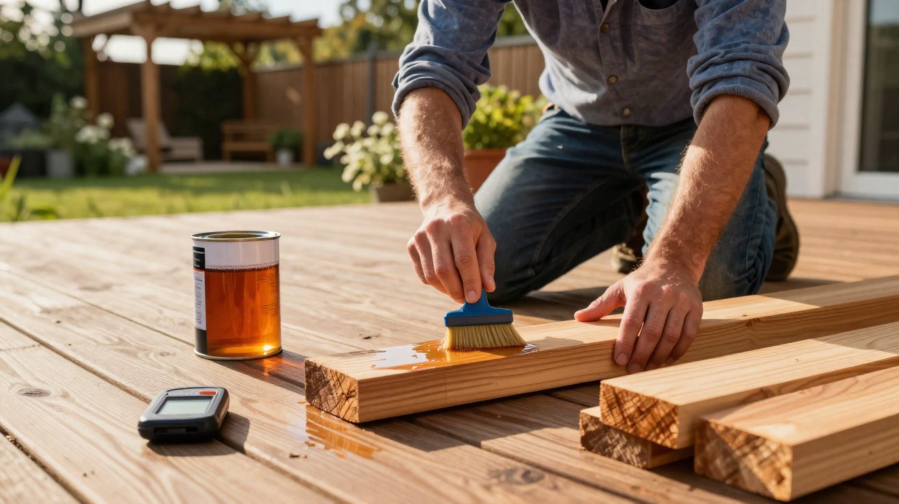 Pessoa aplicando verniz em madeira com pincel ao ar livre em área com deck de madeira clara.