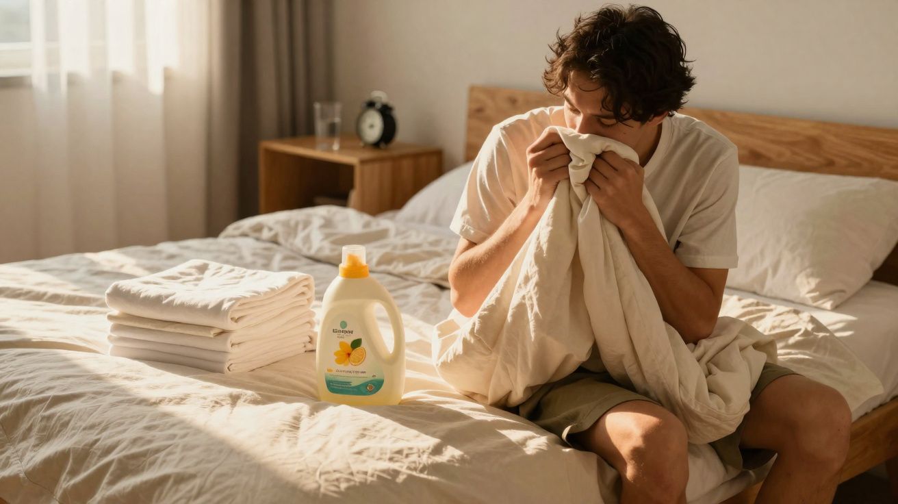Jovem sentado na cama cheirando roupa limpa ao lado de frascos de detergente e roupas dobradas.