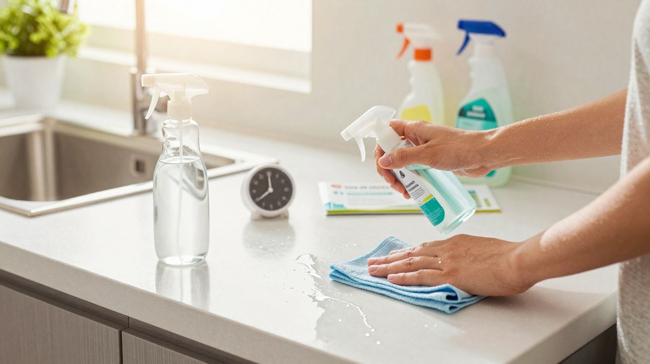 Pessoa limpando superfície de cozinha com spray e pano azul, com produtos de limpeza e relógio ao fundo.