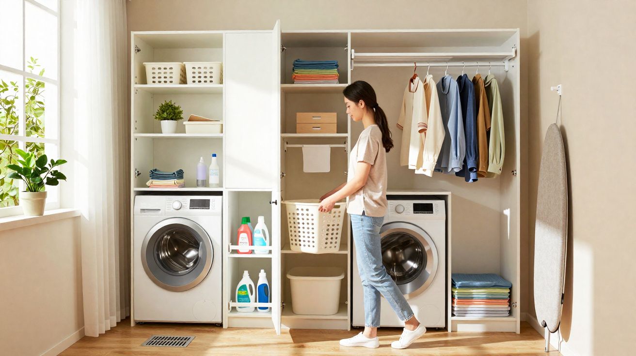 Mulher organizando roupas na lavanderia com máquina de lavar, prateleiras e cabides.