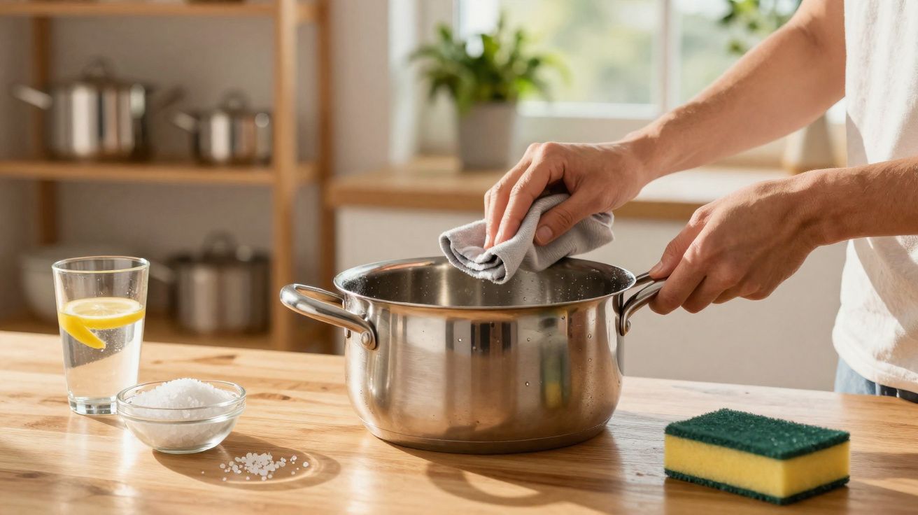 Pessoa limpando uma panela de inox na cozinha com pano, esponja, sal e copo de água com limão.