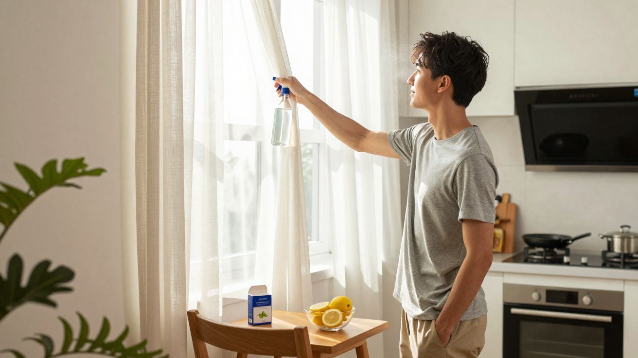 Homem borrifando água em cortina branca na cozinha iluminada pelo sol da manhã.