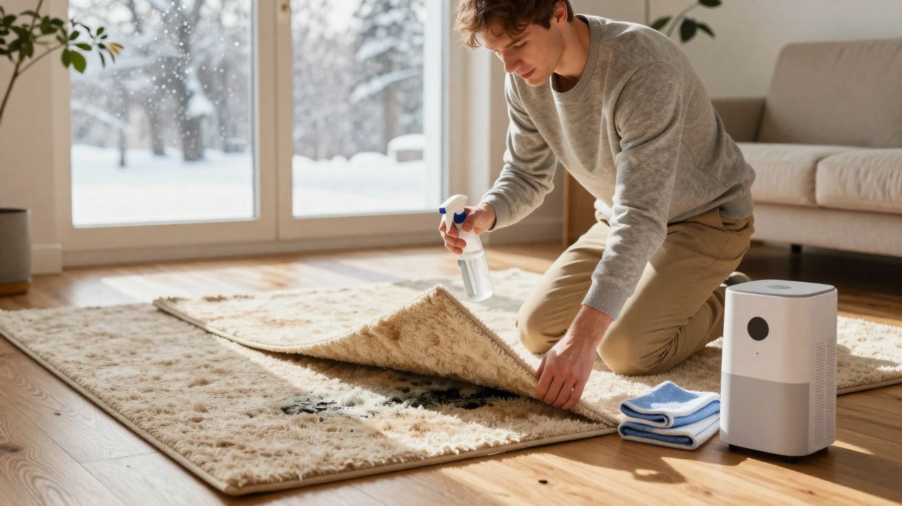 Homem limpando mancha preta em tapete bege com borrifador, ao lado de purificador e pano em sala com janela e neve.