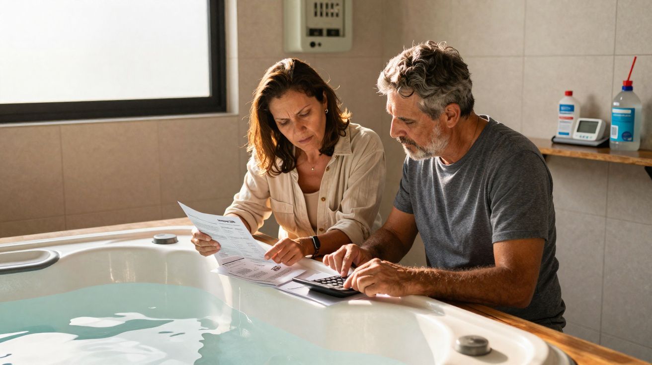 Casal sentado ao lado de banheira revisando contas e calculando despesas.