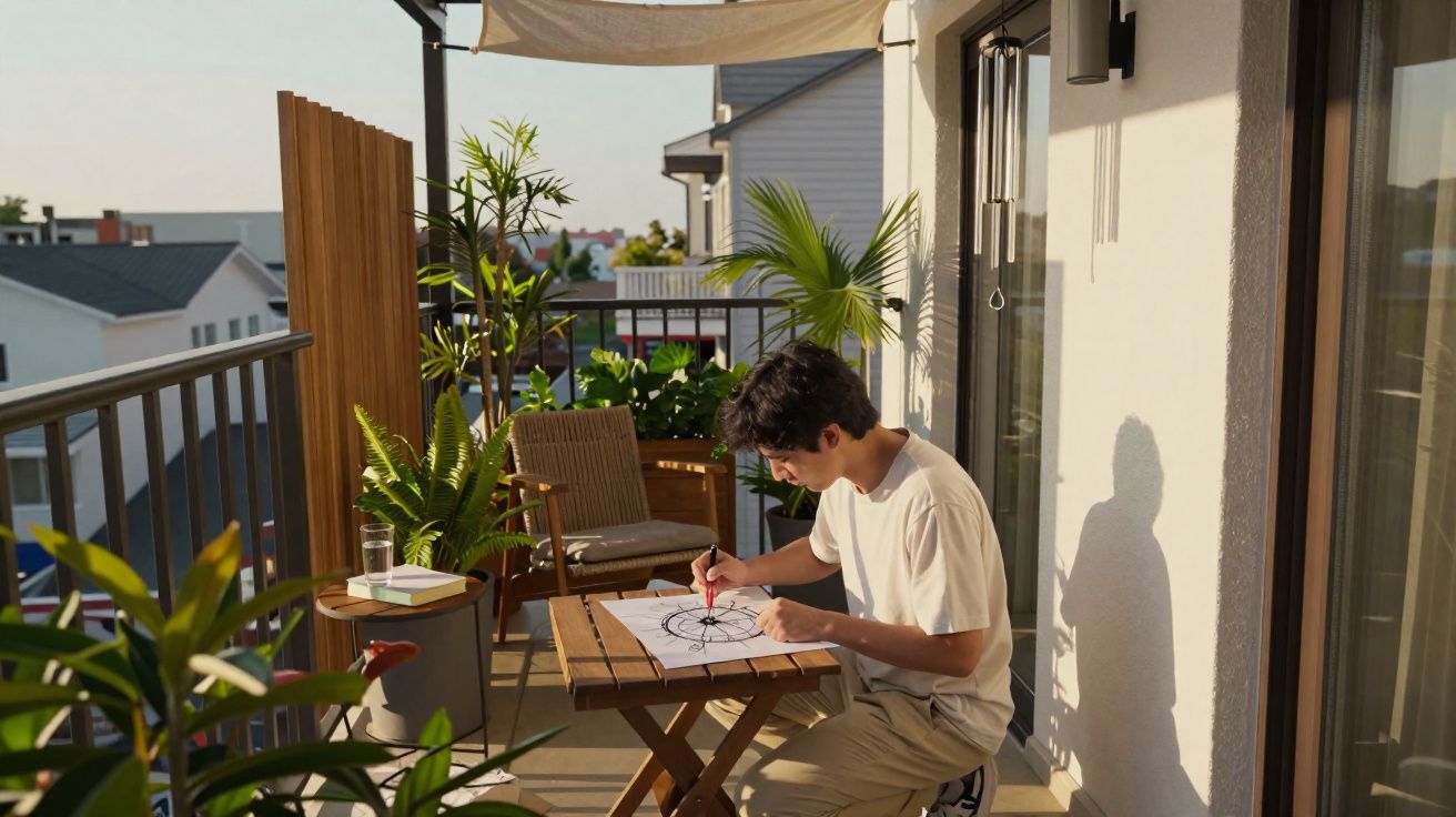 Jovem desenhando mandala em mesa de madeira na varanda decorada com plantas ao entardecer.